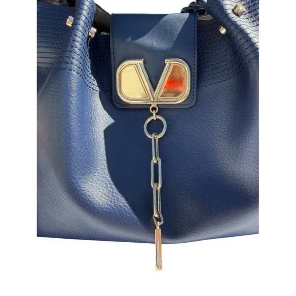 Navy Blue Triple Compartment‎ Tote Bag Classic Elegant Braided Handles Gold Logo - Image 3