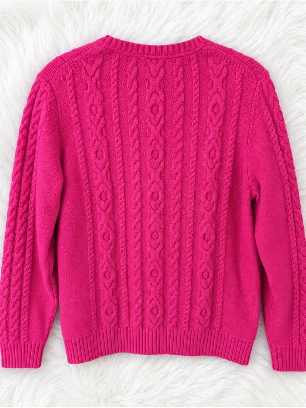 L.L. Bean Women's Cable Knit Crew Sweater - Hot Pink - Image 2