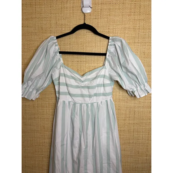 Abercrombie‎ & Fitch Blue White Striped Puff Sleeve Smocked Midi Dress Small - Image 3