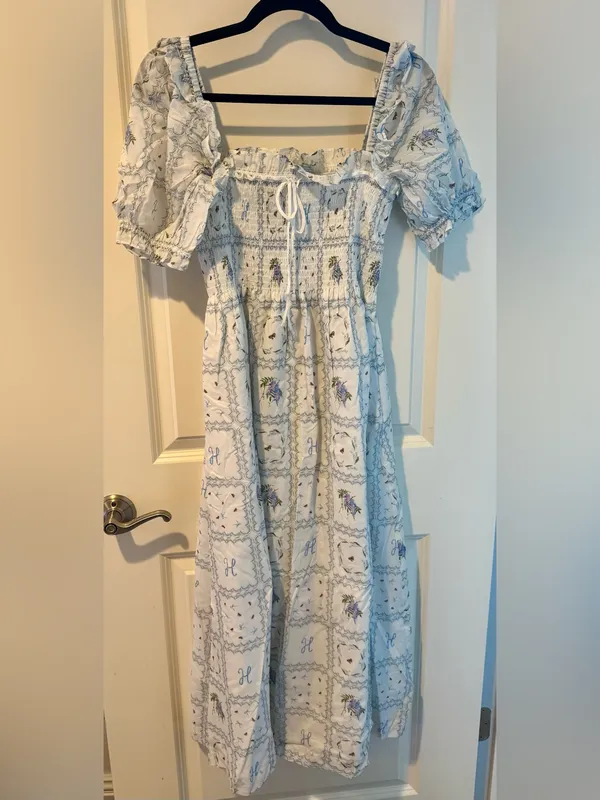 Hill House Scarlett Blue & White Floral Patchwork Midi Nap Dress | S - Image 2