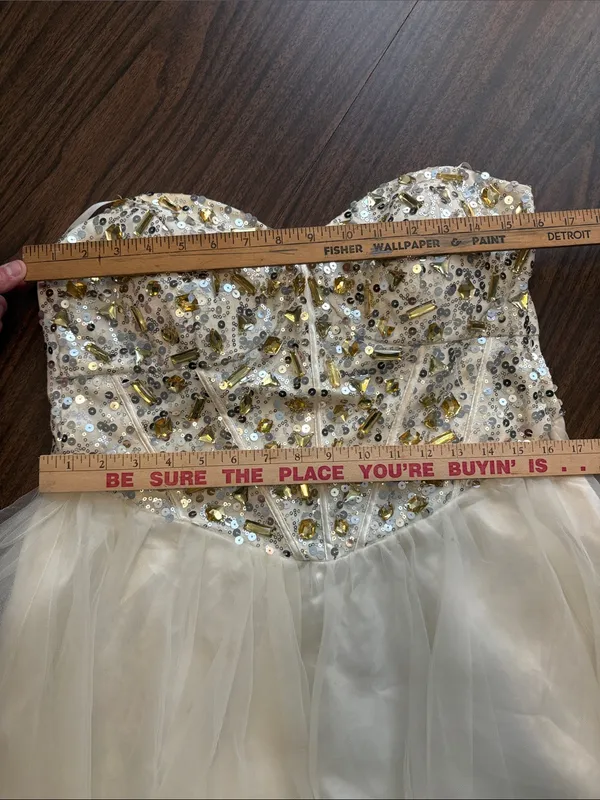 Deb VINTAGE Size 14 15 Ivory Sequin Strapless Sweetheart Cocktail Dress - Image 4