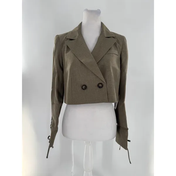 Miss Selfridge ASOS Cropped Blazer US 4 Taupe Double Breasted Lace Up Sleeves - Image 2