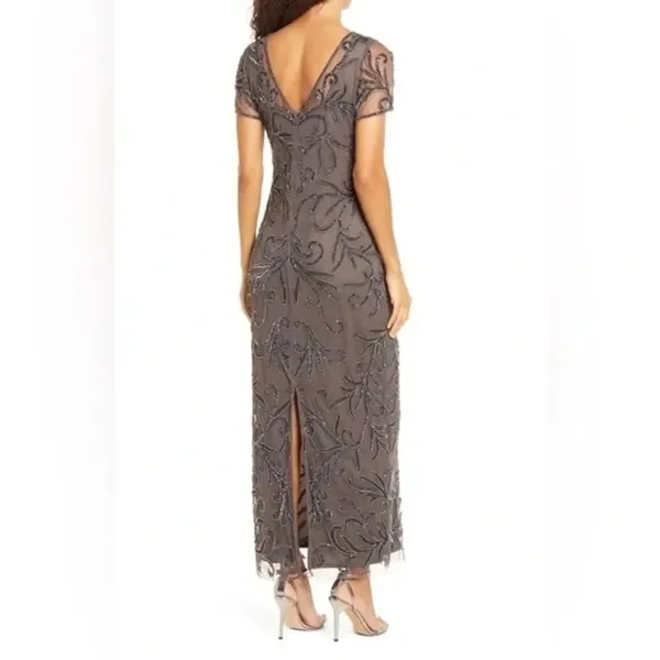 NWT Pisarro Nights Size 8 Beaded Mesh Column Gown Aluminum - Image 5