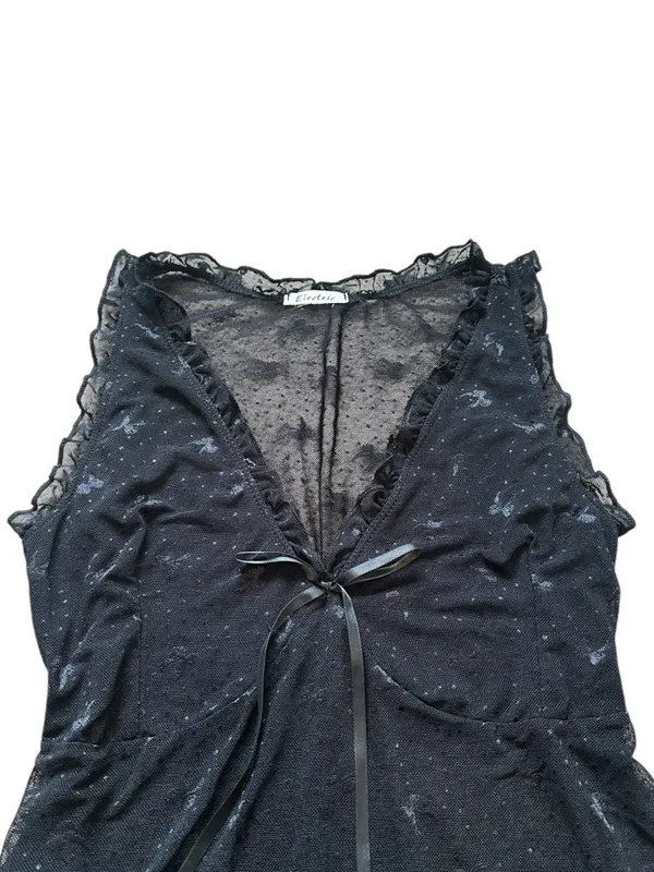 Black Mesh Lace Babydoll Top Bows Ruffles Dark Romantic Fairy Grunge Y2K - Image 4