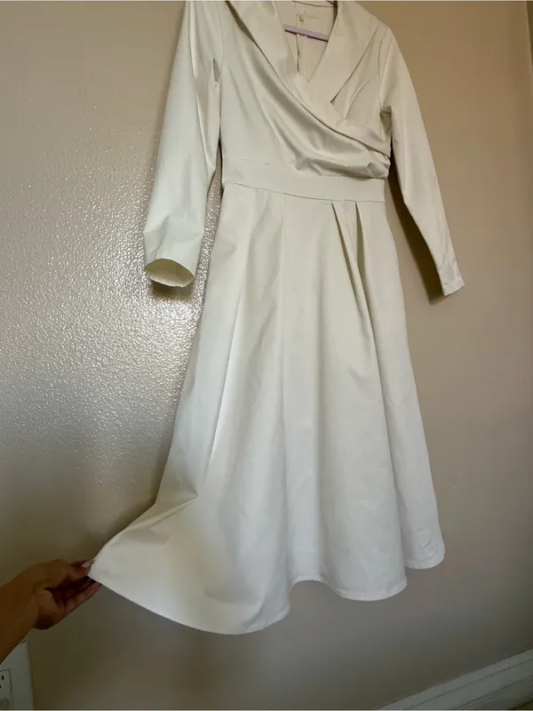 Ivory Long Sleeve Midi Dress Surplice Fit & Flare Bridal Wedding Small - Image 3