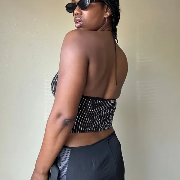 Zara Black Mesh Silver Studded Halter Crop Top Size Small - Image 4