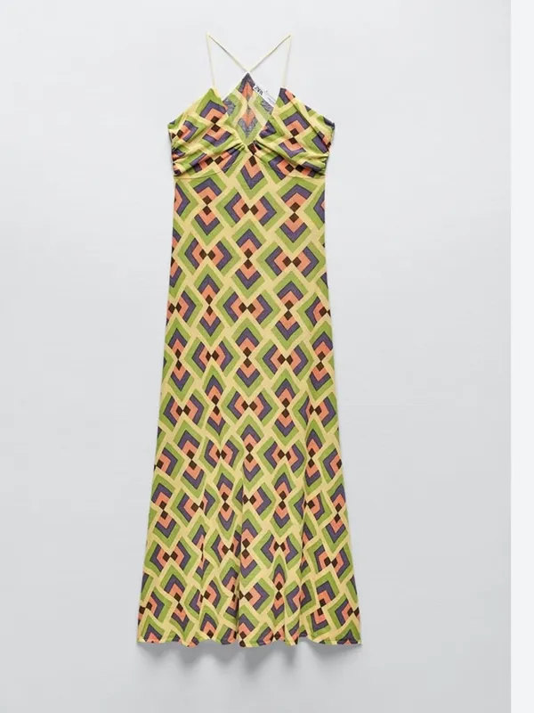 Zara Yellow Green Pink Geometric Slip Maxi Dress - Image 3