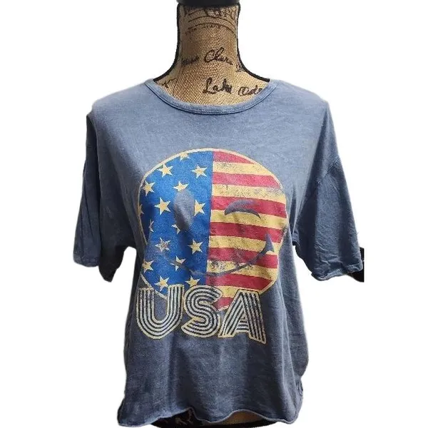Free Market T-Shirt‎ Womens Size Small Blue Grey Distressed USA Flag Smiley - Image 2