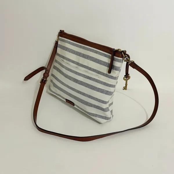 FOSSIL Fiona Blue WhiteStripe Large Crossbody Bag Purse Brown Faux Leather - Image 4
