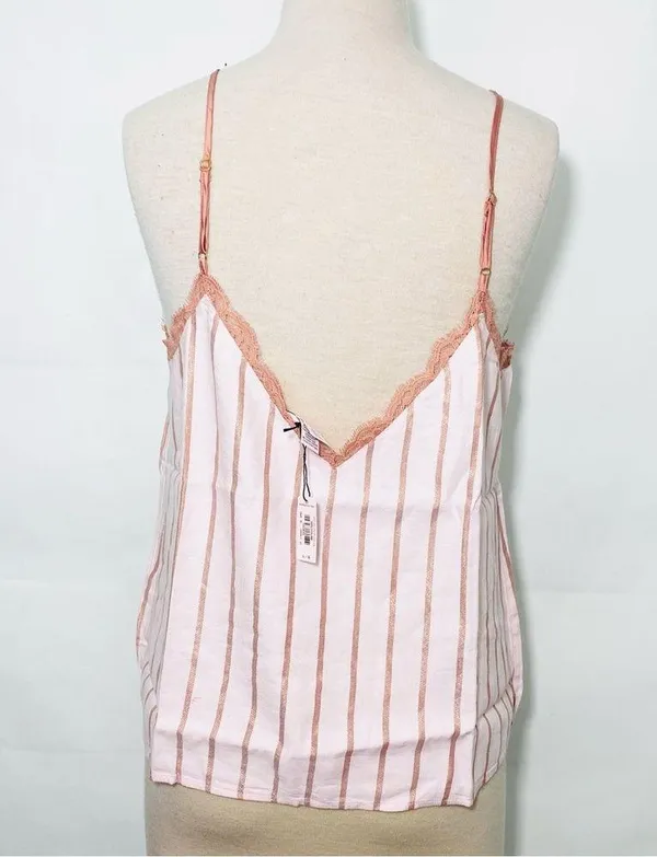 NWT Victoria’s Secret Striped Metallic Pink Flannel Lace V-Neck Cami tank - Image 4