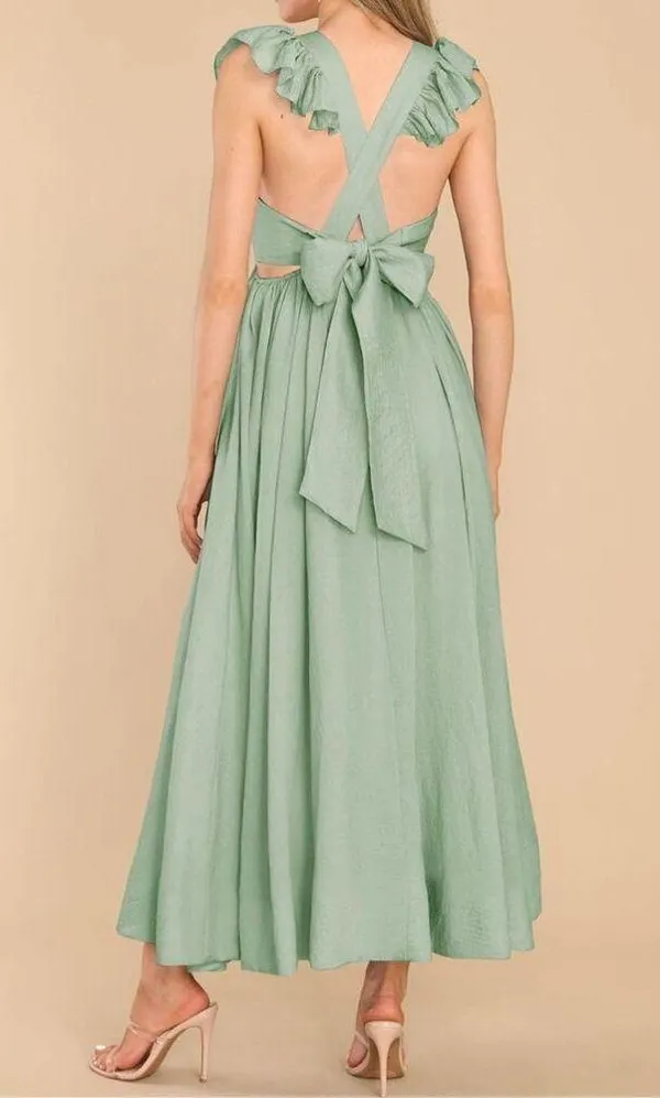 NEW Flutter Sleeve Square Neck Tie Back A-Line Maxi Dress Pocket XL - Image 2