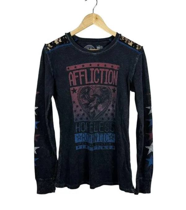 VINTAGE Y2K Affliction Breakdown American Thermal Graphic Top Grey/Blue/Red XS - Image 9