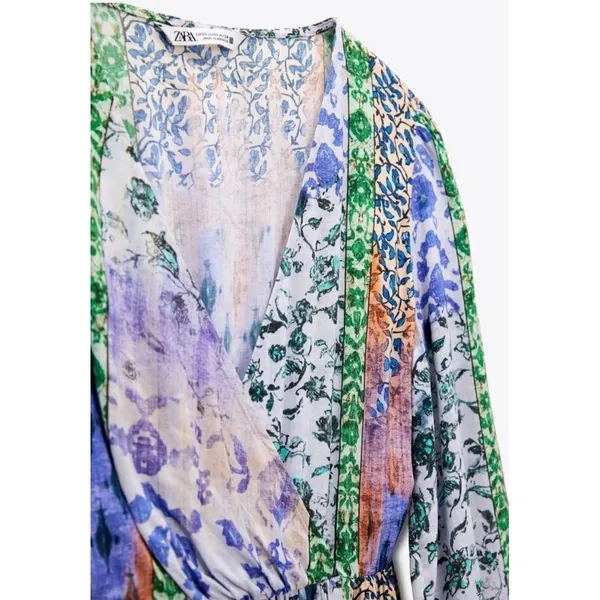 Zara Patchwork Print Maxi Dress‎ Multicolored V-Neck Boho Slit Size M - Image 7