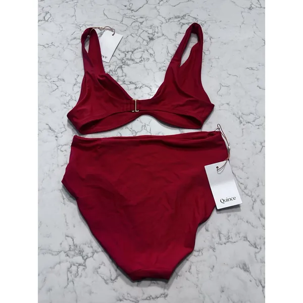 NWT Quince Cherry Red Italian Plunge Bikini Top & High Rise Bottoms Set Small - Image 2