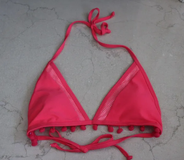 Hot pink triangle pom pom bikini two piece, high waisted bottoms - Image 5