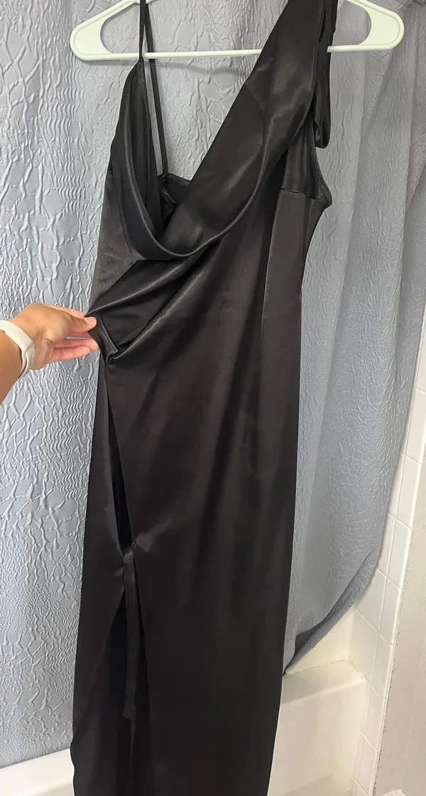 Arden Bridal Black Satin Long Wrap Dress - Image 2