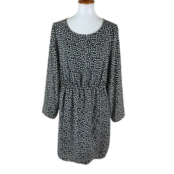 J Crew‎ Mercantile Black White Heart Print Long Sleeve Dress 14 Elastic Waist - Image 2