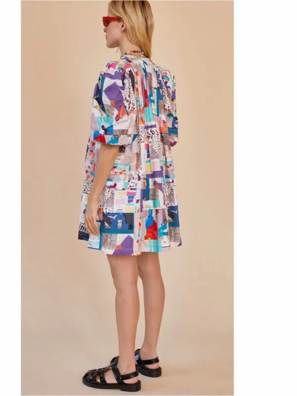 HUNTER BELL Tuckernuck Jenkins Mini Dress Patchwork Print Cotton Puff Sleeve - Image 5