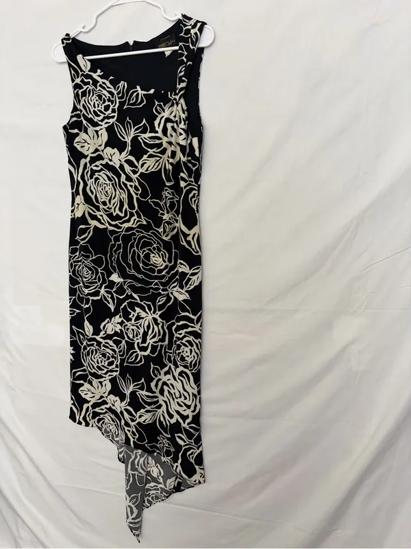 Mary L Couture Women Black Ivory Floral Asymmetric Hem Midi Dress Sz 10(A853) - Image 2