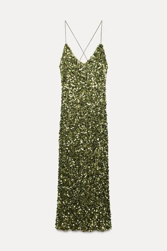 Zara Green Sequin Gown Maxi Dress Holiday Party Evening Festive Christmas - Image 9