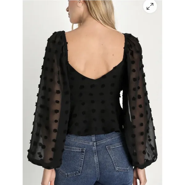 Lulu's Blouse XL‎ Cropped Black Clip Dot Balloon Sleeves Halter Babydoll #AA9-1 - Image 2