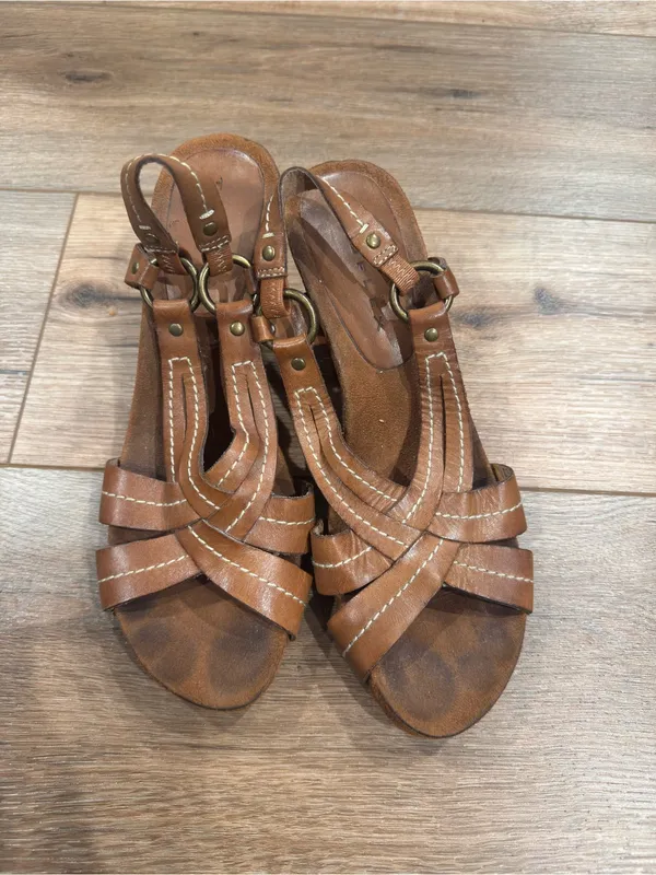 TRUFLEX Cognac Brown Leather Strappy Boho Gladiator Wedge Sandals | Size 9 - Image 2
