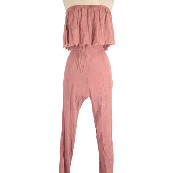 Aerie Pink Salmon Strapless Crinkle Smocked Pants Jumpsuit Romper - Image 9