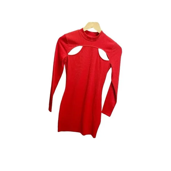 H&M‎ Caliente Red Bodycon Cutout Ribbed Mini Dress S Long Sleeved NEW - Image 3