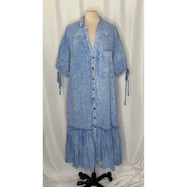 FREE PEOPLE Maya Midi Dress Blue Button Front Washed Look Bohemian Medium - Image 2