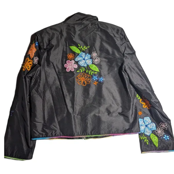 Vtg Y2K Black Colorful Floral Embroidered Silk Full Zip Windbreaker Jacket Sz M - Image 2