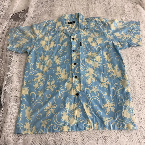 Max Boy Blue Cream Hawaiian Print Button Down Mens Short Sleeve Shirt Size Large - Image 2