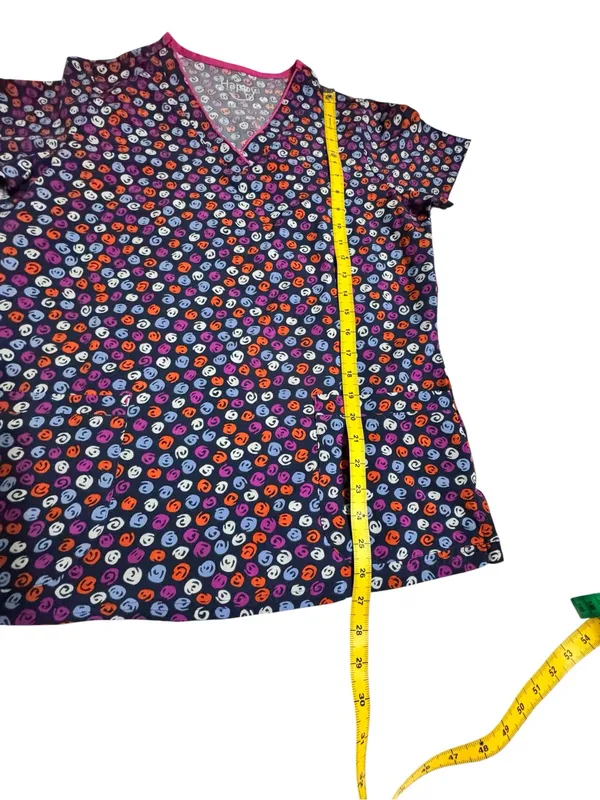 Happy Scrubs Smiley Print V-Neck Top - Navy/Purple/Pink M - Image 6