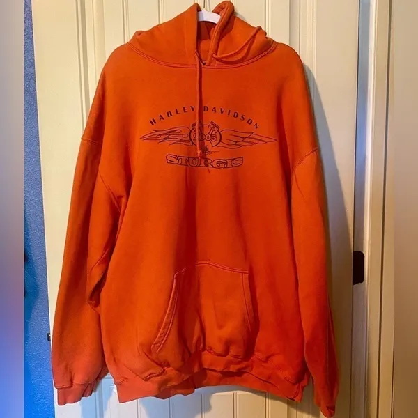 Vintage Harley Davidson Motorcycles Orange 2005 Long Sleeve Hooded Sweatshirt - Image 3