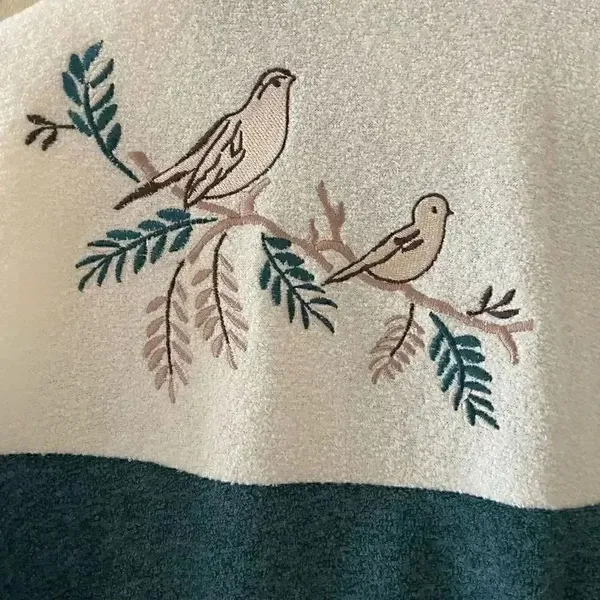 Vintage Teddi Cabin Fever Women's Fleece Novelty Print Teal Embroidered Birds M - Image 5