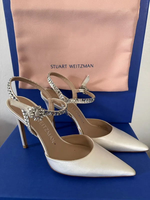 Stuart Weitzman White Satin Embellished Heels size 7.5 - Image 2