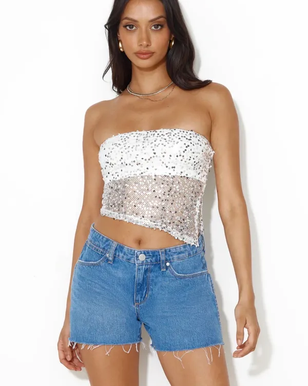 Hello Molly Silver Strapless Sequin Crop Top - Image 5