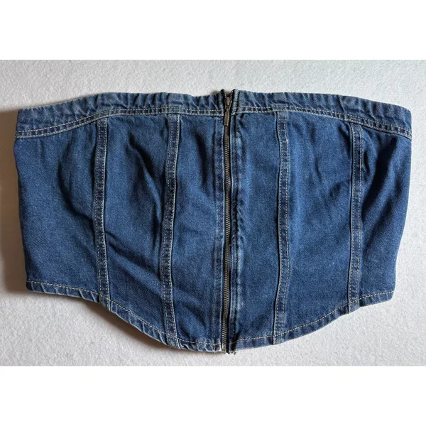 Lone Star Womens Denim Tube Top Medium Wash Zip Front Smocked Back Corset Large - Image 4