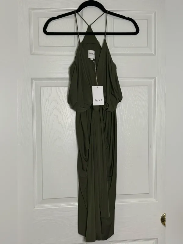 MISA Domino Tie Front Draped Ruched Knee Length Dress Olive Green Size XS NWT - Image 3
