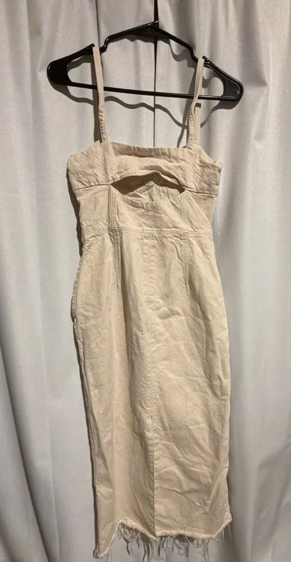 Zara Midi Dress Size S Beige Bustier Raw Hem Denim - Image 3