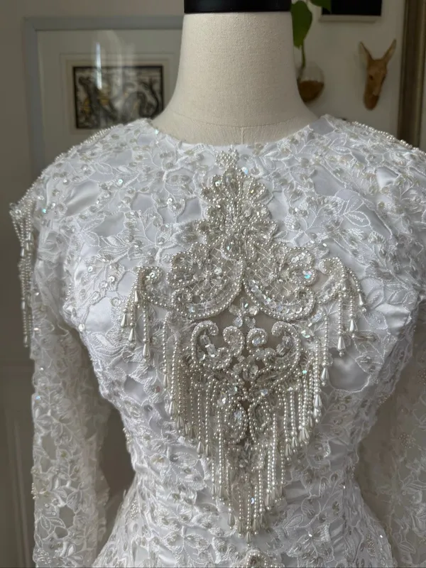Vintage 80s Wedding Dress Heavily Embellished Long Sleeve Plunging Back S M 6 - Image 3