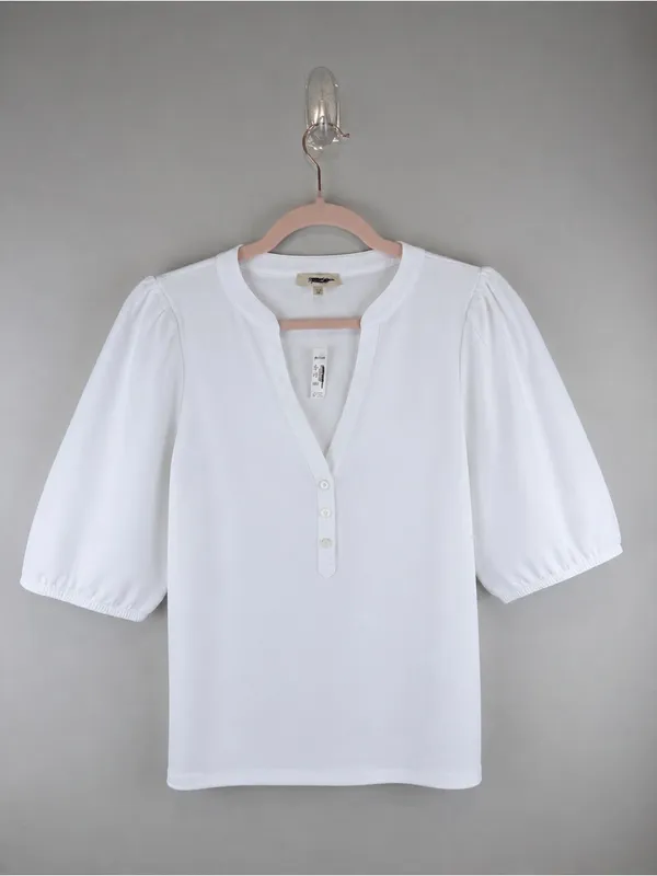 NWT Madewell White Puff Sleeve Henley Top XL Short Sleeve Cotton Blend Blouse - Image 2