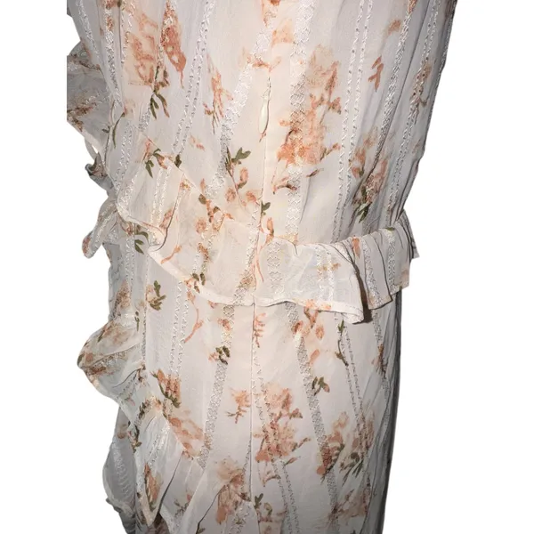 Storia Floral Ruffle‎ Maxi Dress Cream Pink Dobby Puff Sleeve Large NWT - Image 7
