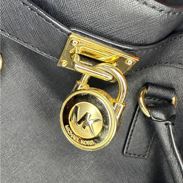 Michael Kors Hamilton Black Leather Bag, Gold-tone Hardware, Lock and Key - Image 11
