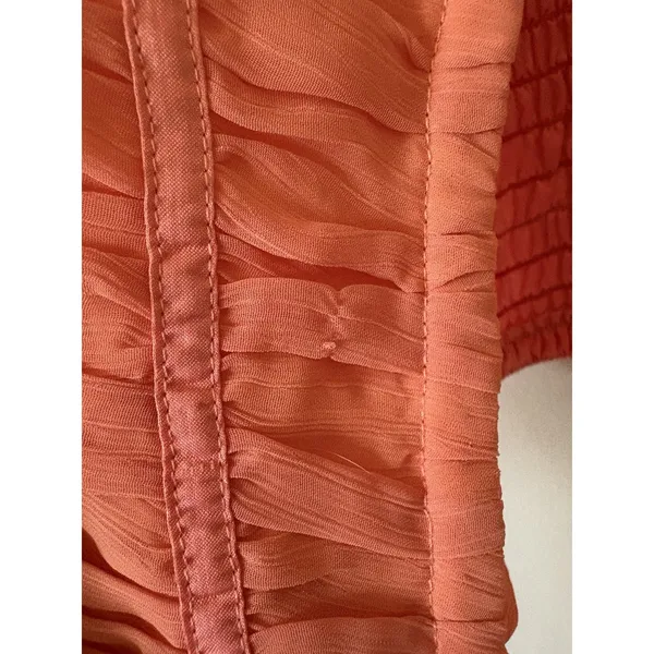 Vintage Y2K Sherbet Orange & pink Coral Corset Top Smocked Ruffle Blouse Large - Image 8