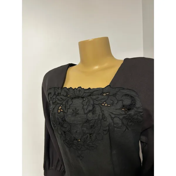 Vintage Moonglow Black Ramie Cotton Peplum Dress Floral Eyelet Embroidered L - Image 3