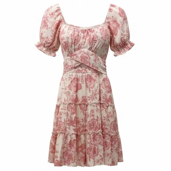 Francesca’s Mi Ami Toile Floral Puff Sleeve Tiered Mini Dress Pink + White XS - Image 2