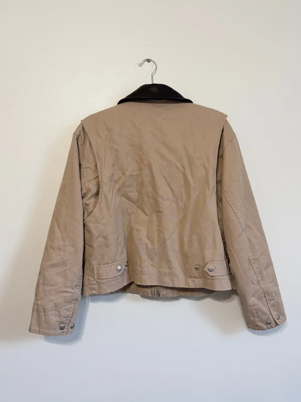H&M Cropped Barn Jacket Size Medium Oversized Beige Coated-Collar Twill Brown - Image 8