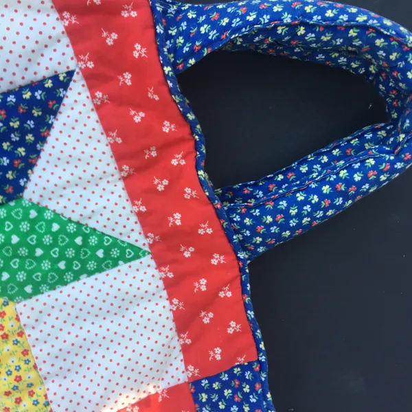 Vintage Handmade Star Quilt Square Quilted Calico Tote Handbag Red White Blue - Image 3