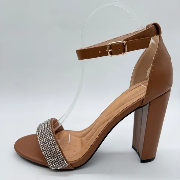 Womens Cognac Brown Rhinestone Ankle Strap Block Heel Sandals Size 9 Dressy - Image 7