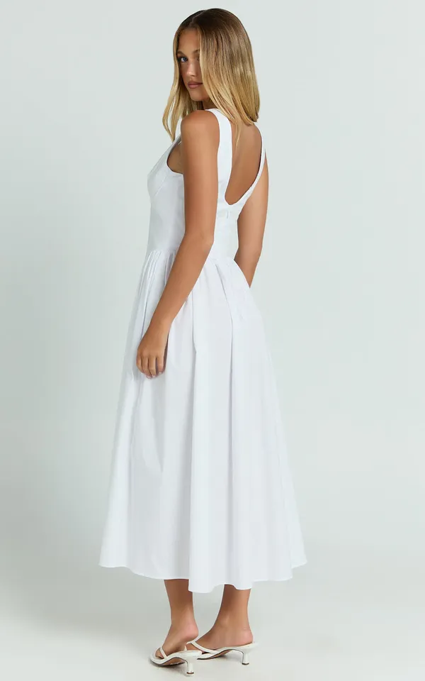 Showpo New Beckett Midi Dress Scoop Neck Drop V Waist Gathered Dress Size Medium - Image 3